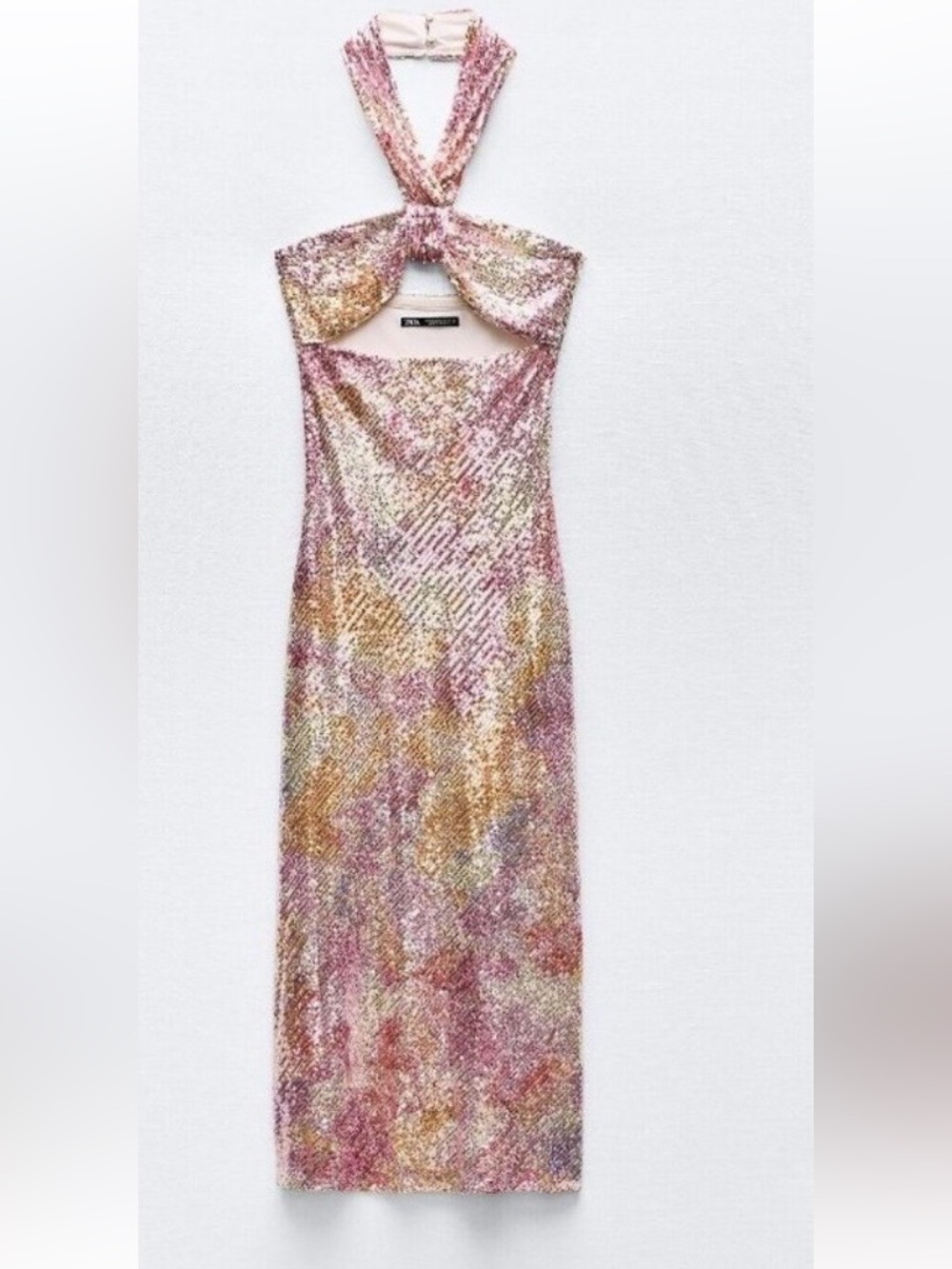 NWOT Zara Sequined Knotted Halter Pastel Pink Midi Dress S